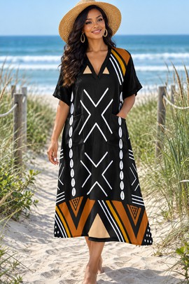 Robe midi ample à col V pour femme en tissu mudcloth et cauris | Mode afrocentrique | Bynelo