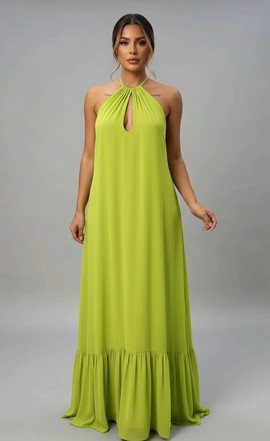 Robe longue vert citron chic à col licou
