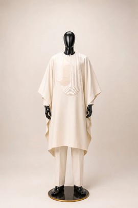 Men's Cream Agbada with Curved Pintuck Chest Panel – Three-Piece Traditional Nigerian Set