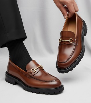 Custom-Made Men's Burnished Brown Leather Loafers with Gold Hardware &amp; Chunky Sole