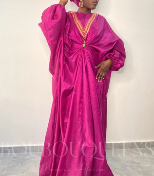 African Boubou dress for women "Kabirou" Fuchsia satin — With headscarf