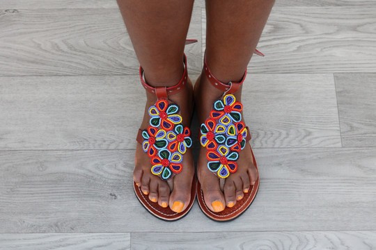 Handmade African Beaded Leather Sandals | White &amp; Gold Maasai Women’s Sandals | Summer Footwear