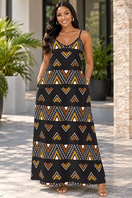 Robe longue élégante à col en V pour femme, imprimé géométrique bogolan | Robe longue africaine en bogolan