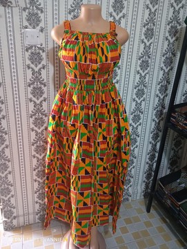 Kente Print African Maxi Dress, Sleeveless Ankara Long Dress with Elastic Waist