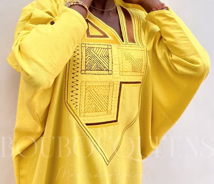 African Boubou Dress for Women "Diena" Yellow in Glazed Linen — With Scarf