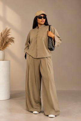 Ensemble coordonné beige deux pièces pour femme – Chemise oversize à manches longues et pantalon à jambes larges