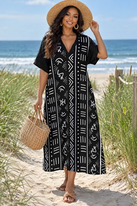 Robe midi ample pour femme à col en V et motif en tissu bogolan | Mode à imprimé africain | Bynelo