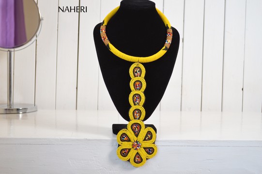 African Beaded Maasai Yellow Necklace | Zulu Beaded Necklace | Tiered &amp; Tribal