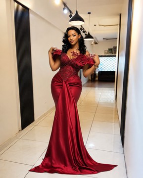 Robe de bal de luxe coupe sirène, robe de réception bordeaux, ensemble de robes Asoebi
