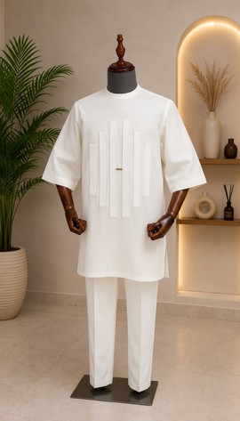 Ensemble sénateur blanc pour homme en mélange de coton avec détail de panneau vertical