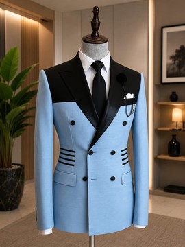 Men's Sky Blue Double-Breasted Tuxedo Suit Jacket with Black Satin Peak Lapel