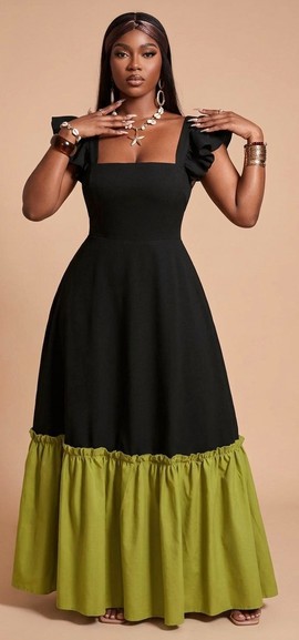 Elegant Beige &amp; Brown Maxi Dress – Square Neck Ruffle Hem A-Line Gown with Puff Sleeves