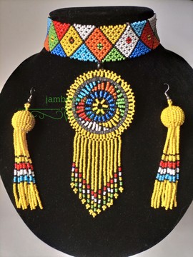 Yellow beaded african choker necklace|masai necklace|modern tribal Zulu set|choker with earrings|