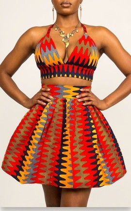 Halter Crop Top and Flared Skirt Set – Red, Yellow and Navy Blue African Print Two-Piece Outfit
