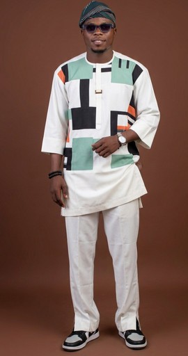 White Dashiki with Geometric Color-Block Design &amp; Teal Head Wrap
