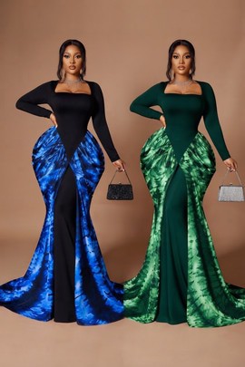 Robe de soirée ajustée bicolore en adiré et crêpe, avec des volants péplum spectaculaires