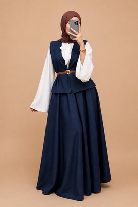 Modest Navy Layered Dress with White Blouse – Elegant Long Sleeve Women's Outfit