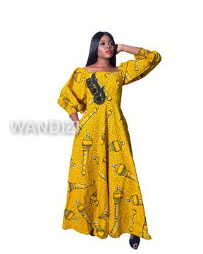 Yellow Ankara Maxi Dress with lace applique