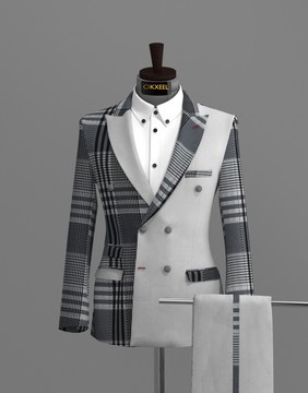 BLACK-WHITE JACQUARD DOUBLE BREASTED SUIT