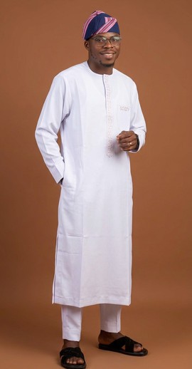 White Agbada with Embroidered Placket &amp; Navy/Pink Head Wrap