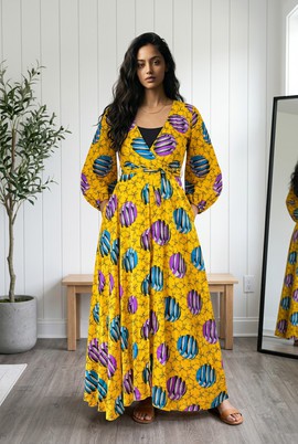 Long silk dress wax print pattern long sleeves Orange women's dresses with slit