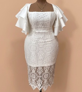 Lace Midi Dress with Ruffle Sleeves.Elegant Bodycon Bridal Shower Dress
