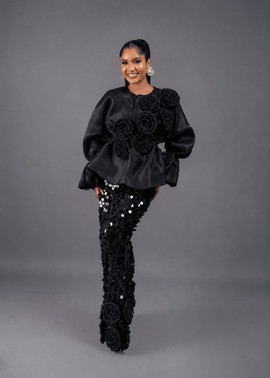 Black Rose Top With Long Sequin Skirt Set