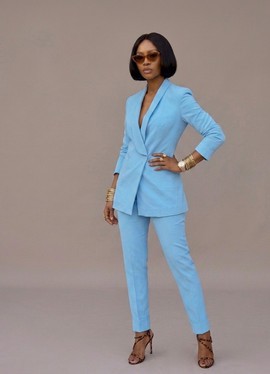 Sky Blue Tailored Blazer &amp; Cropped Trousers Suit Set