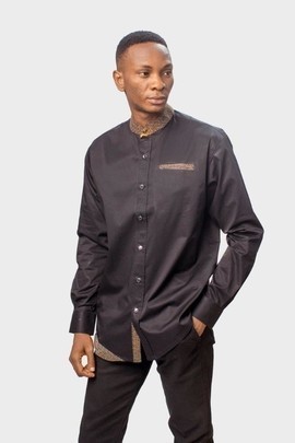 Black Cotton Shirt with a touch of Ankara, Mens Shirt, Mens Clothing