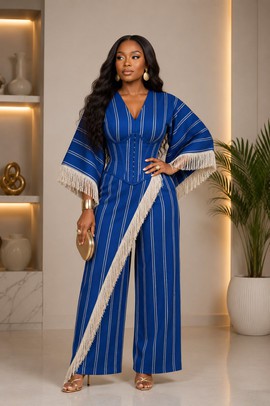 Aso Oke Blue Striped Fringe Corset Top &amp; Wide-Leg Trousers Set