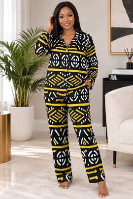 Ensemble de pyjama en satin pour femme à imprimé tribal coloré en bogolan | Vêtements de nuit africains | Bynelo