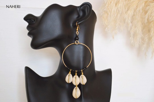 African cowrie shell and brass earrings