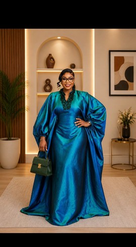 Women's Teal Blue Satin Kaftan Gown – Balloon Sleeve Flowing Evening Dress with Cape Back