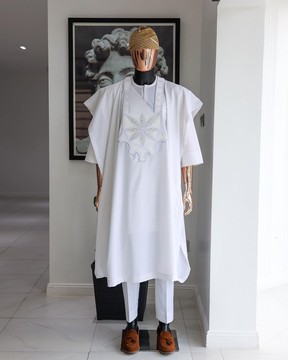 A White, flapper embroidery with silver mix jacquard details, agbada