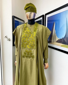 An olive Green, geometrical embroidery details, Agbada