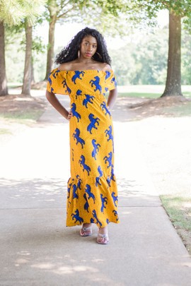 Ankara African Print Yellow Horse Off Shoulder Ruffle Maxi Dress