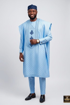 Blue Agbada set with cap