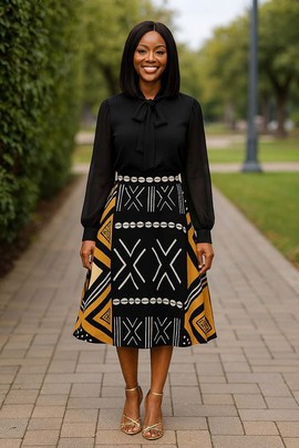 Jupe midi évasée en imprimé africain mudcloth