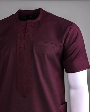 A burgundy, zip line with arewa embroidery African kaftan