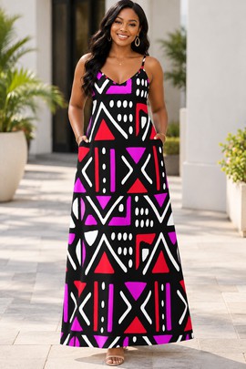 Robe maxi élégante à col en V en tissu traditionnel africain bogolan pour femme, avec poches