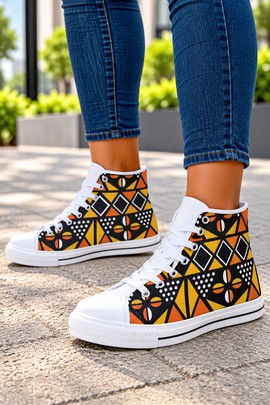 Colorful Tribal Bogolan Print Women's Classic High Top Canvas Shoes | African Sneakers