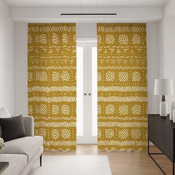 White and Gold Blackout Curtains Mudcloth Print (Two-Piece) LARGER SIZES AVAILABLE