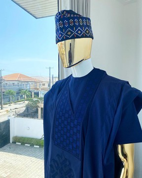 A Navy Blue Voil agbada with dotted lines embroidery design, kaftan &amp; sokoto