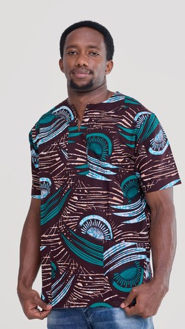 Men’s African Print Dashiki Shirt – Brown and Teal Ankara Short Sleeve Top