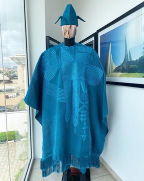 A cerulean blue royal embroidery design agbada, dashiki, “abeti Aja” matching hat &amp; sokoto