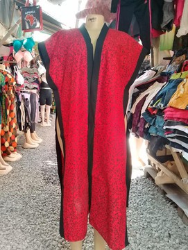 Red African Print Sleeveless Kimono, Ankara Open Front Wearable Women's Statement Layering Piece