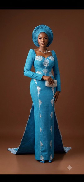Blue Textured Gown with Silver Embroidery