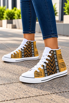 Colourful African Tribal Women's Classic High Top Canvas Shoes | Cowrie Print Sneakers