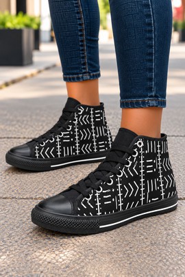 African Monochrome Print Women's Classic High Top Canvas Shoes | Black and White Sneakers