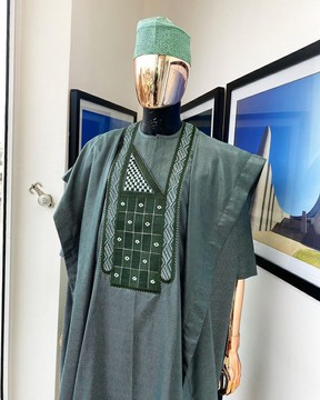 A Moss green, dotted rectangle embroidery details